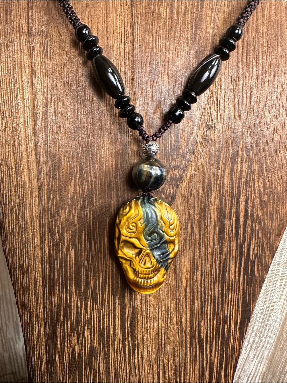 Tiger’s Eye Skull Pendant Necklace on Brown Adjustable Rope